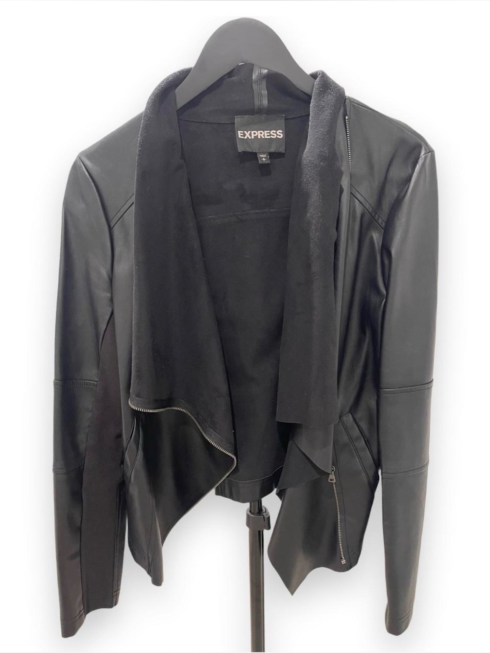 Express Black Faux Leather Draped Open-Front Jacket